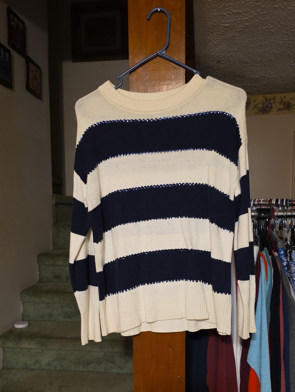 crown & ivy Navy and White Striped Boatneck Sweater